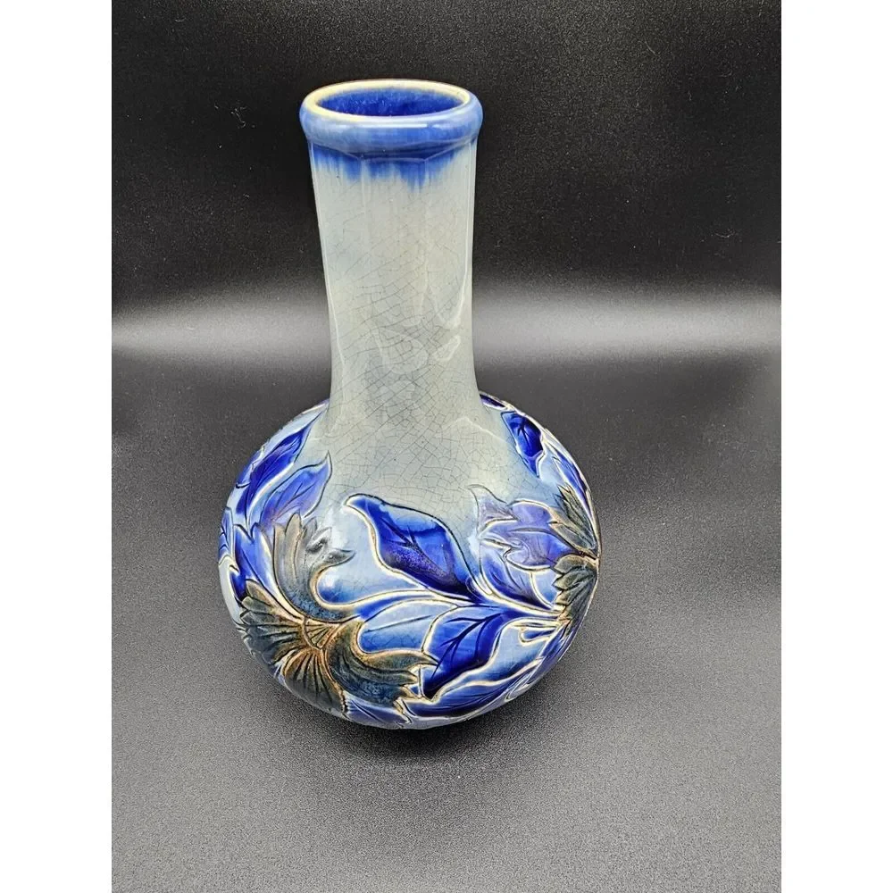 Antique‎ Doulton Lambeth Vase 1881 Signed By Louise E Edwards Cobalt Floral